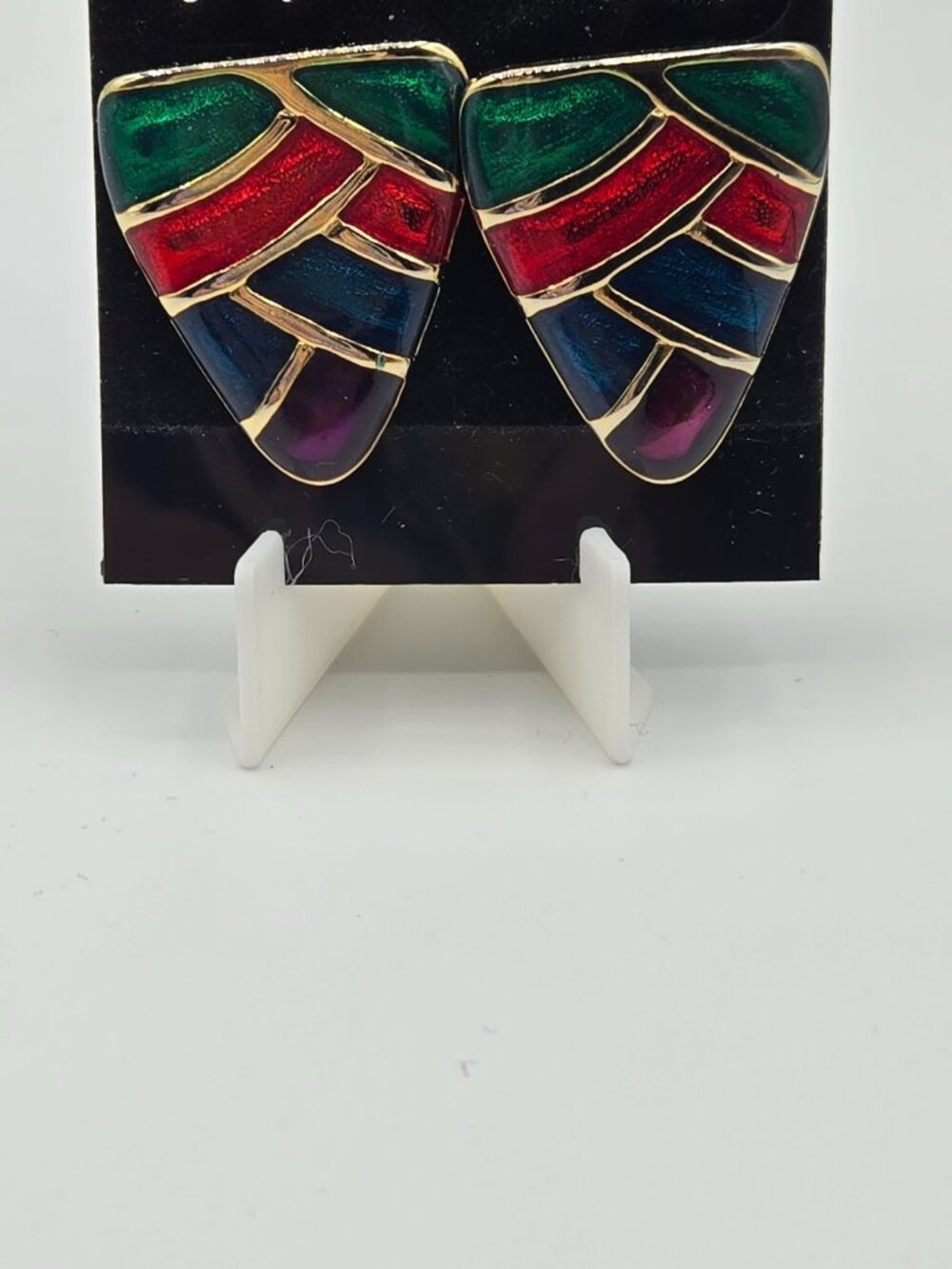 VTG Enamel Earrings Purple Blue Red Green Gold Tone Fashion Jewelry Estate Stud